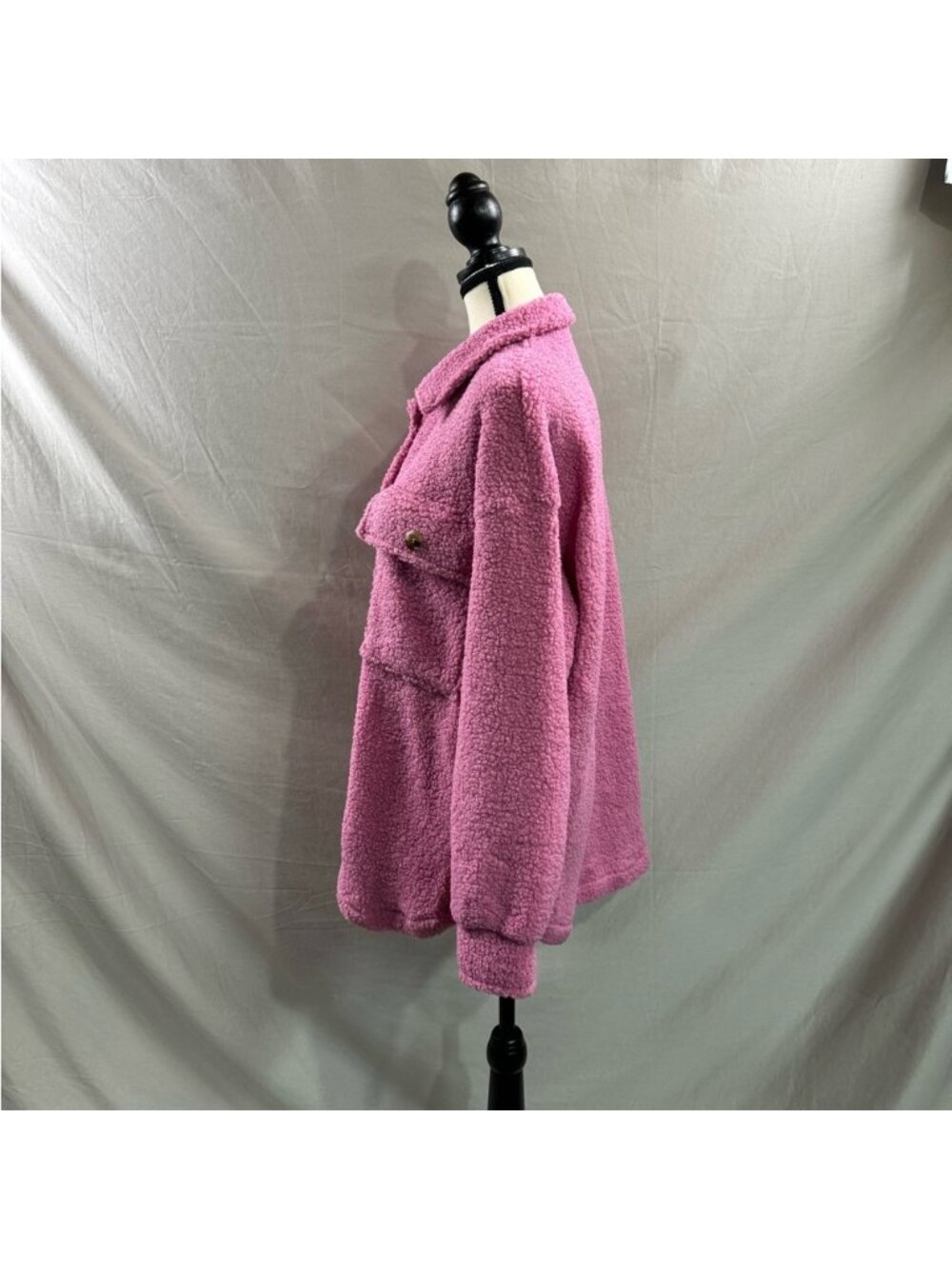 Flap Pocket Drop Shoulder Teddy Coat Jacket Pink - Picture 9 of 10